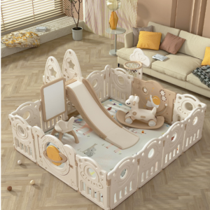 Planet Deluxe Activity Playpen Set with Slide & Rocking Horse (180x200cm) – Latte Coffee