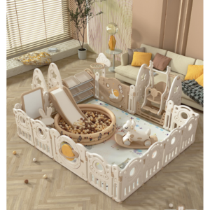 Dreamy Planet Deluxe Activity Playpen Set with Slide, Swing & Ball Pit (200x250cm) – Latte Coffee