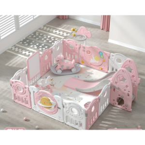 Dreamy Planet Deluxe Activity Playpen Set with Slide & Rocking Horse (180x200cm) – Soft Pink
